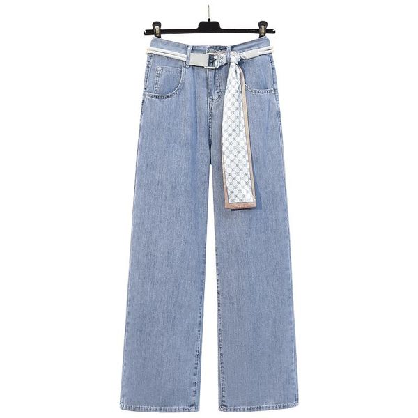 

women's jeans summer high waist slim wide leg straight belt breathable loose tencel jeans[1-8583#], Blue