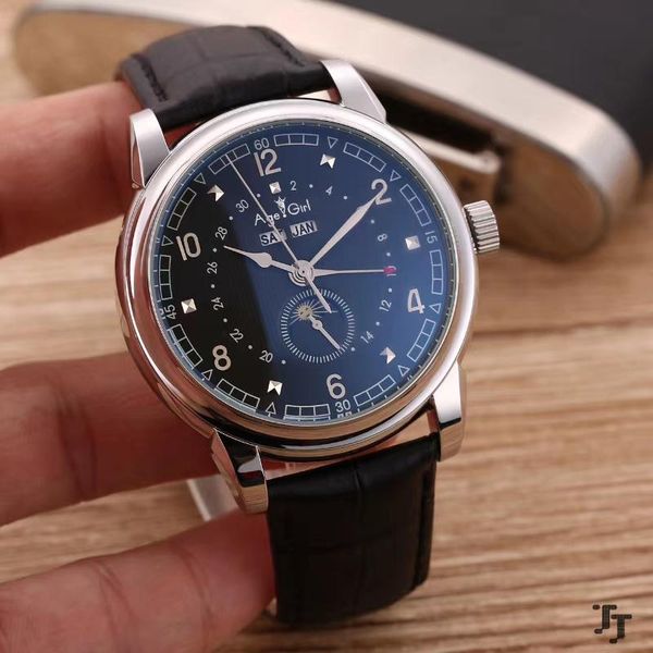 

wristwatches men automatic mechanical moonphase day date stainless steel black leather sapphire rose gold white dual time, Slivery;brown