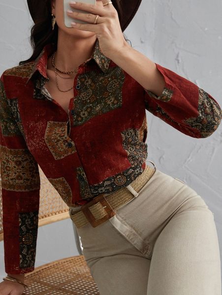 

scarf print curved hem button front blouse y2rm#, White