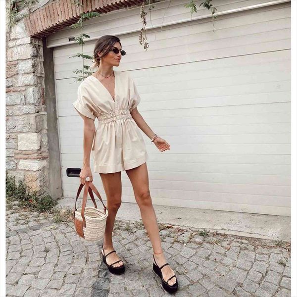 

pleated short sleeves v neck womens rompers elastic waist playsuit bodysuit fashion casual vestidos femme robe, Black;white