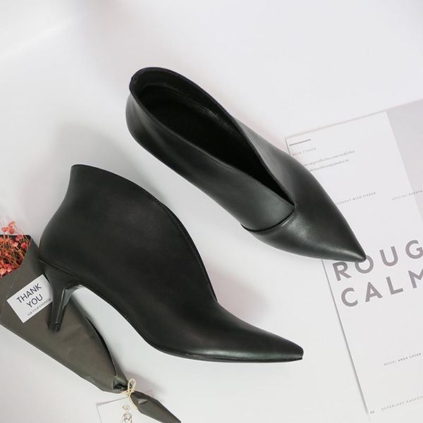 

dress shoes fashion high heels black matte leather women tip head v mouth autumn winter female pumps high-heeled bare boots
