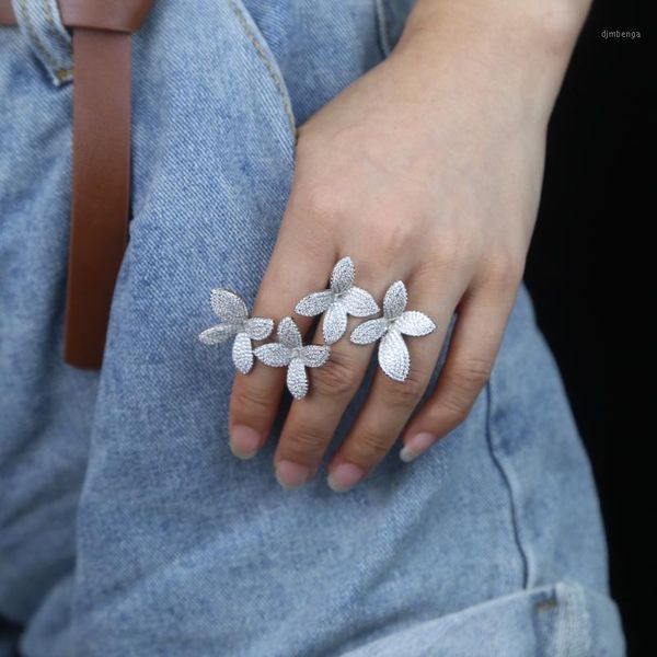 

new arrived luxury open band flower ring with micro pave cz flower leaf shape finger ring for women wedding luxury jewelry gift1, Silver