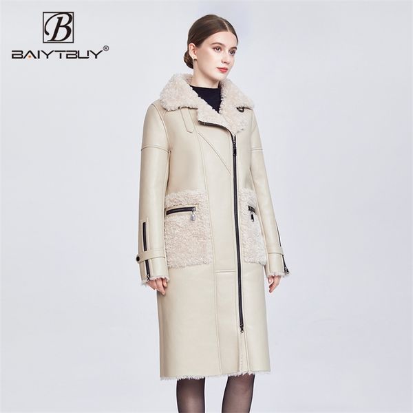 

baiytbuy sheepskin fur one coats jackets women's thick warm genuine leather long overcoat fashion clothe plus size 72106 211215, Black