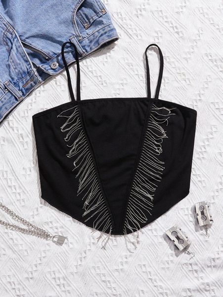 

fringe detail asymmetrical hem crop cami x75b#, White