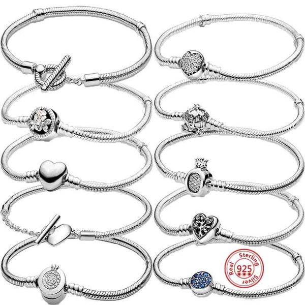 

925 sterling silver basic snake chain flowers crown heart t-bar bracelets fit original brand charm women diy making jewelry gift, Golden;silver