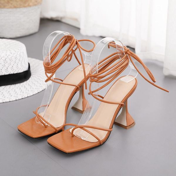 

sandals brand design cross bandage peep toed block high heels woman ladies shoes brown black color size 35-42 factory wholesale