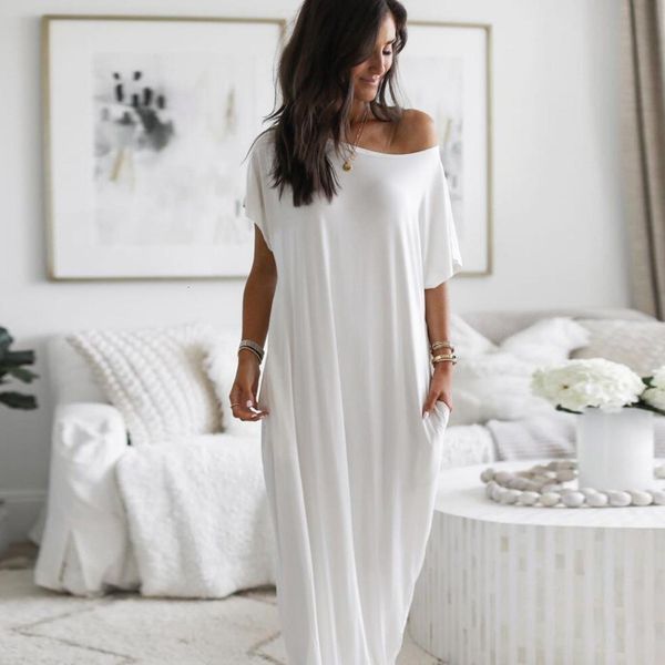 

omen solid white maxi long dress summer off shoulder short sleeve party vestido k6gh, Black;gray