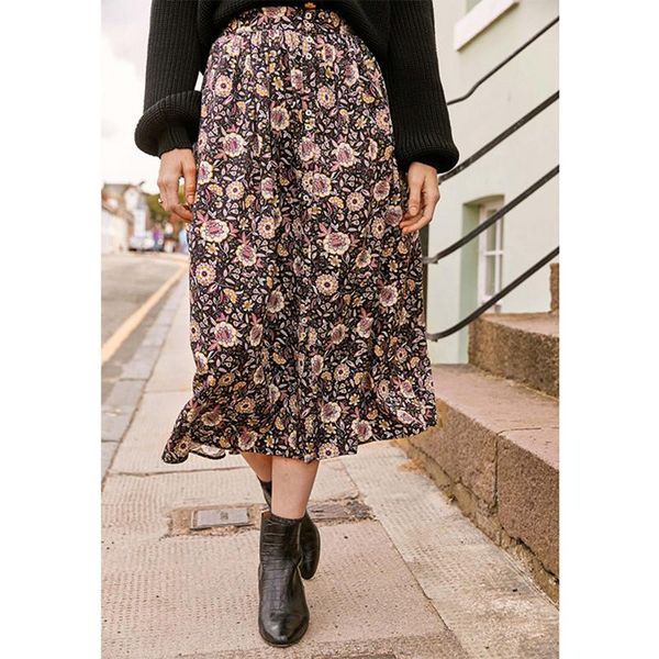 

skirts women mid-calf single breasted floral printing high waist 100% tencel loose ladies jupe, Black