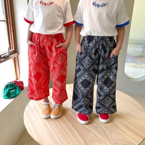 

trousers summer 2021 boys and girls fashion retro printing thin cotton pants 1-7 years kids cool loose casual, Blue