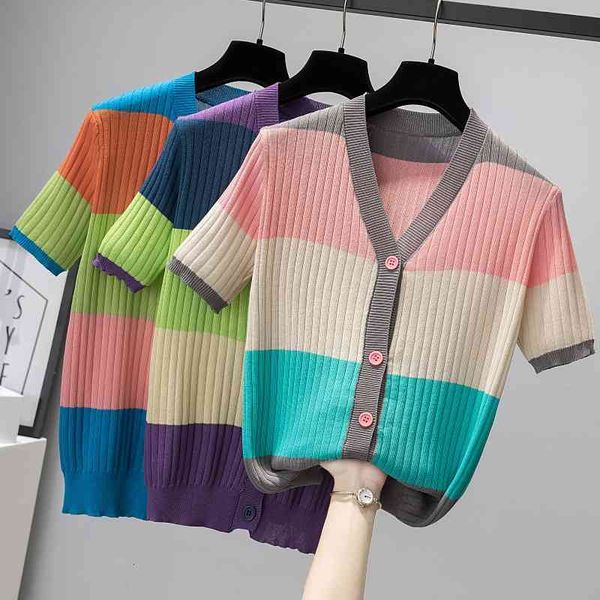 

women's sweaters v-neck ice silk short-sleeved knit jacket cardigan thin women's outer wear summer short contrast color base shirt, White;black
