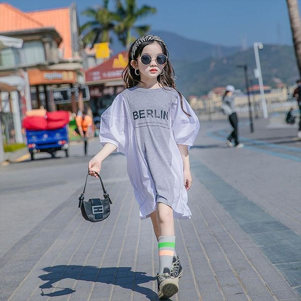 

kids girls short sleeve oversize long 8 10 12 years summer dress teen outfit, Black