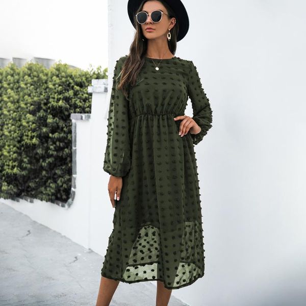 

casual dresses fashion o-neck long sleeve office dress women 2021 autumn elegant chiffon party vintage midi for woman robe femme, Black;gray