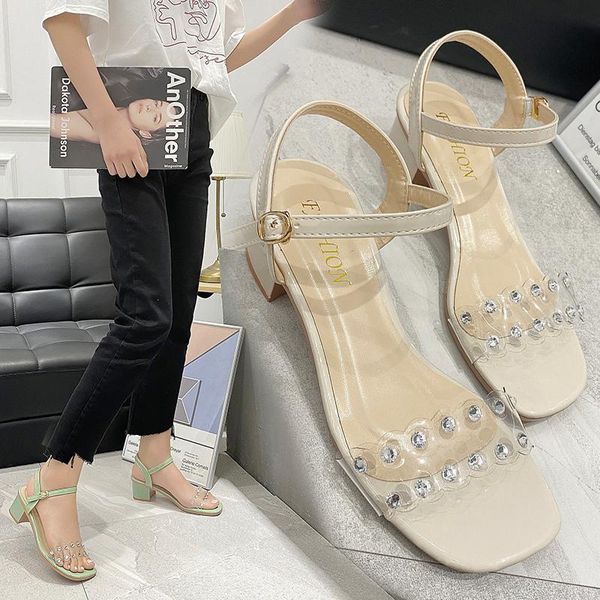 

sandals female sandal open toe all-match med pvc shoes block heels 2021 summer buckle strap espadrilles platform girls peep medium plast, Black