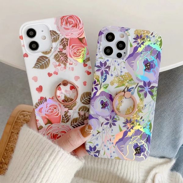 

fashion laser flower spring soft tpu case for iphone 12 pro max 11 xr xs max x 8 7 6 chromed summer floral holder cover metal finger ring