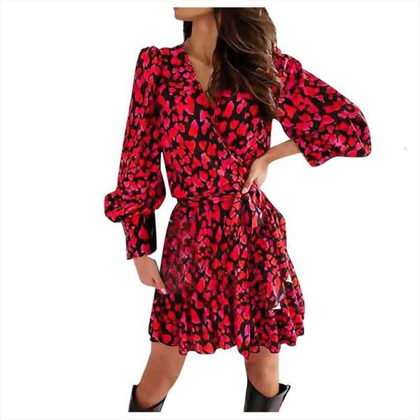 

fashion puff sleeves womens v-neck print high waist long sleeve mid length dress vintage a-line elegant dress beach style robe, Black;gray