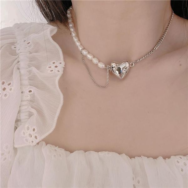 

chokers sale 316l stainless steel chain necklace stitching freshwater pearl love heart clavicle choker necklaces, Golden;silver