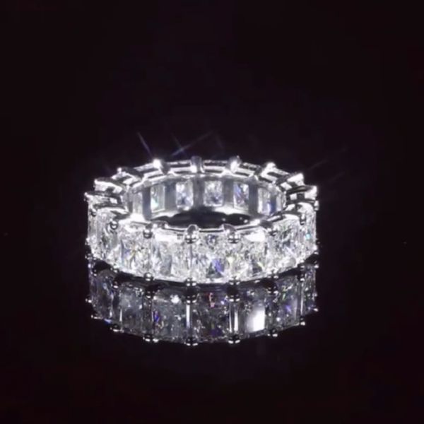 

luxury 925 sterling silver pave setting full square simulated diamond eternity engagement wedding band ring set fine jewelry, Slivery;golden