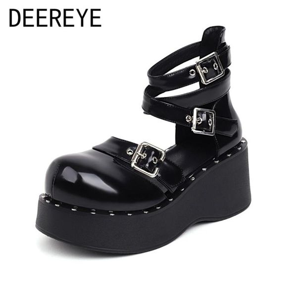 

dress shoes 2021 rock loli punk silver rivet front cross straps 3 buckles ankle belt adjustment shallow 6.5cm platform high heel party, Black