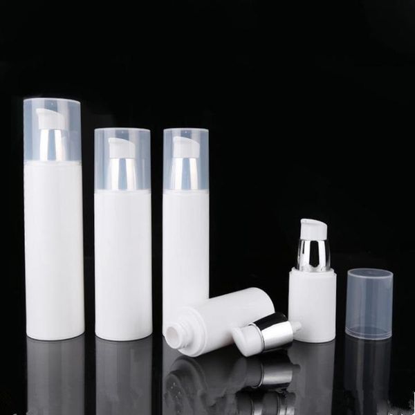 

factory outlet 100pcs 15ml 30ml 50ml 80ml 100ml white essence pump bottle plastic airless bottles for lotion shampoo cosmetic container stor