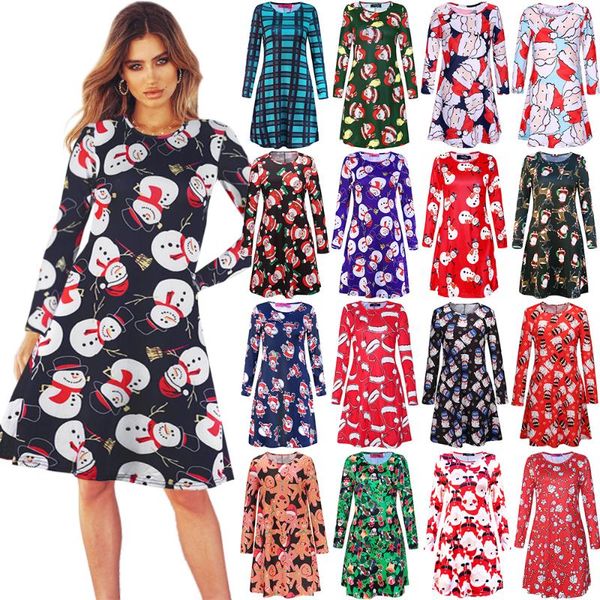 

women long sleeve christmas dress casual snowman elegant midi dress vintage cartoon print dresses santa claus party vestidos, Black;gray