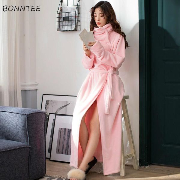 

women's sleepwear robes women thicken flannel long womens bathrobe warm soft comfortable turn-down collar solid simple fashion lovely n, Black;red