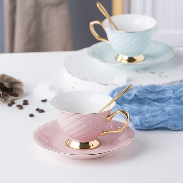 

cups & saucers teacup and saucer set with spoon, fine china tea party gift fish scale ceramic cup set, coffee cup, pink, blue, green