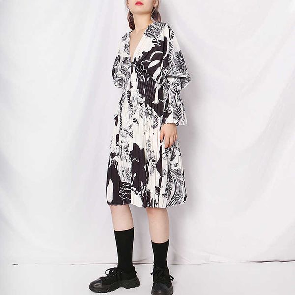 

temperament spring v-neck silm waist long sleeve dresse fashion pleated a-line elegant vestidos feminino 210525, Black;gray