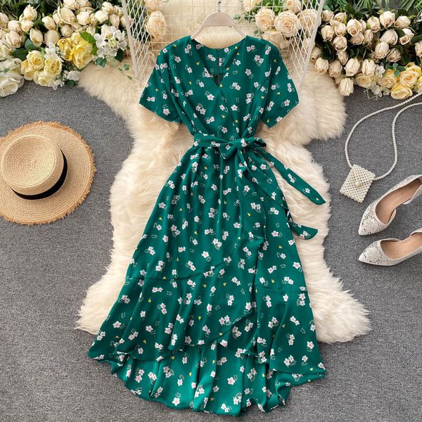 

casual dresses vestido floral linha a com babado, veste feminina de verÃ£o, decote em v, boho, praia, manga curta, bandagem na cintura, midi, Black;gray