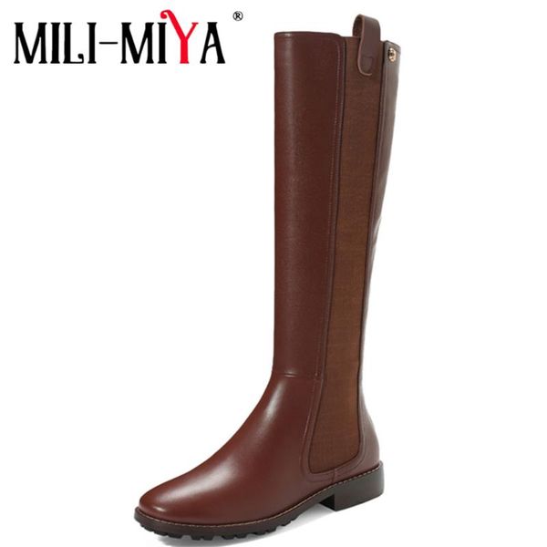 

boots mili-miya motorcycle women cow leather&pu leather slip-on round toe square heels stretch fabric waterproof size 34-40, Black
