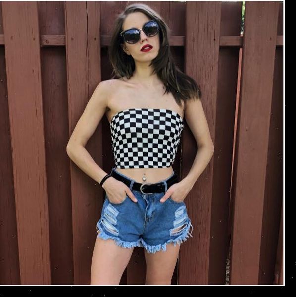 

new women checkered cropped black white checkerboard pattern plaid crop sleeveless tube tank bra