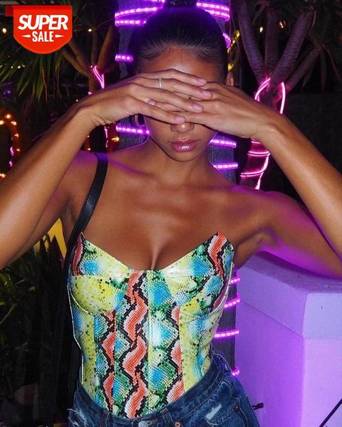 

dulzura snake print women corset tube tanks bustier crops lace up bandage bodycon streetwear 2020 autumn winter club #qa9m, White