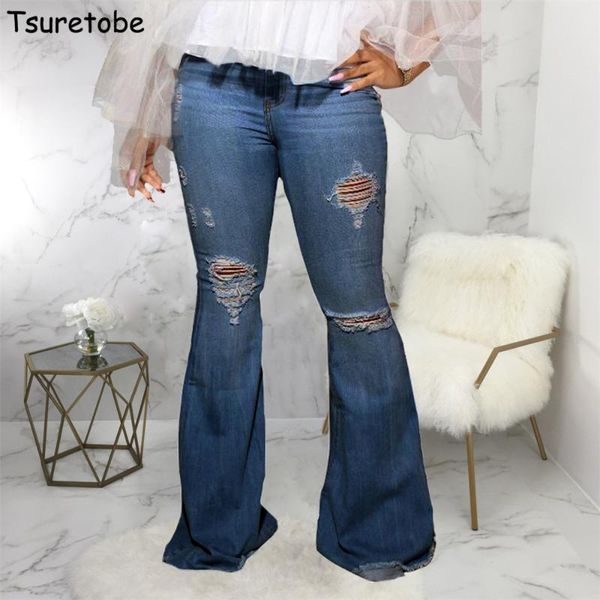 

women's jeans tsuretobe autumn fashion ripped women high waist flare ladies denim wide leg pants stretch bell-bottoms trousers, Blue