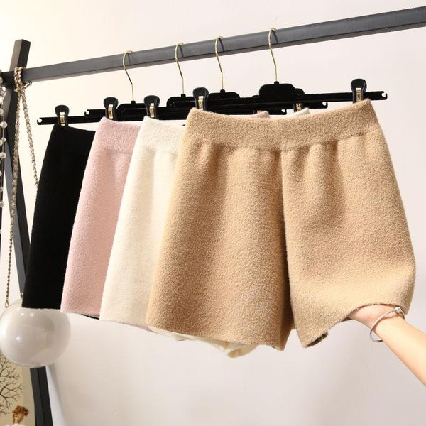 

women's shorts autumn winter female elastic high waist wide leg women solid color warm knitted a-line g94, White;black