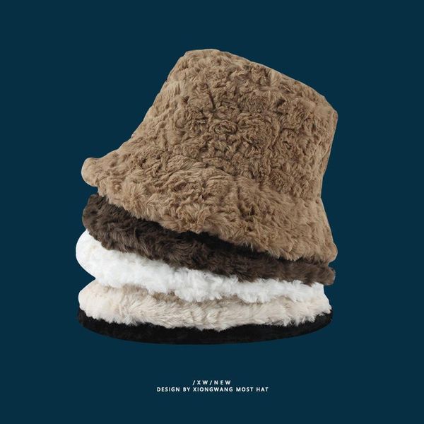 

wide brim hats ladies fisherman hat imitation fur basin pure color western style adjustable fashion all-match winter trend 2021, Blue;gray