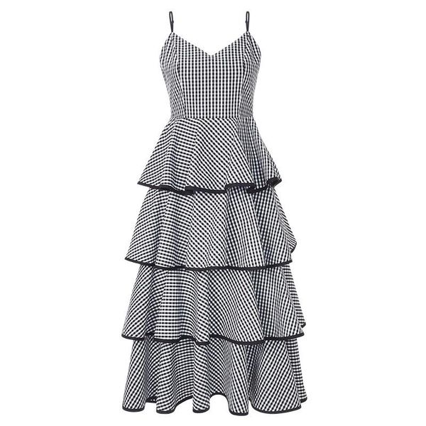 

casual dresses perhaps u white black plaid strap sleeveless v neck fit and flare cascading ruffle midi dress empire summer zipper d0460, Black;gray
