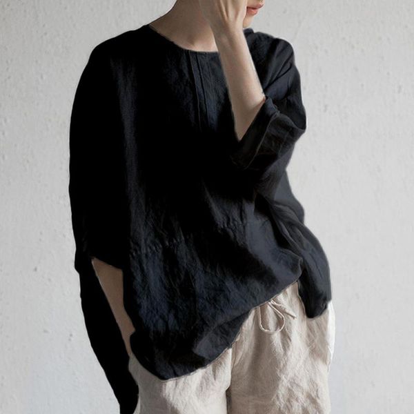 

women's blouses & shirts cotton linen women vintage black solid color autumn and casual loose daily pullover blusas camisas de mujer, White