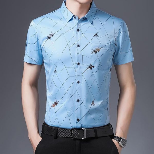 

men's dress shirts 2021 fashion print casual shirt mens silk cotton summer short sleeve men slim fit chemise homme c744, White;black