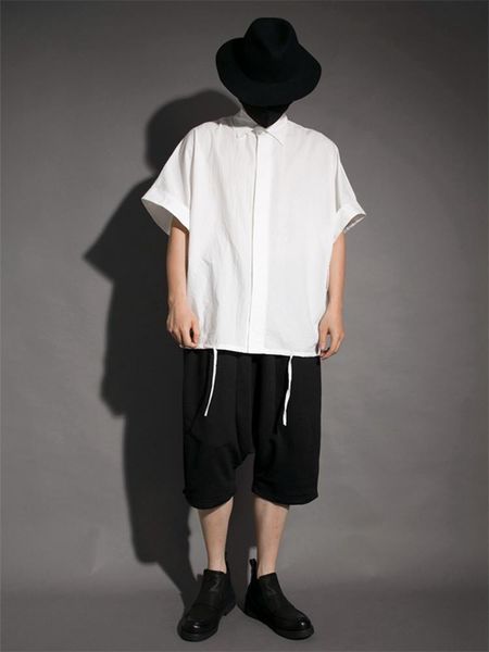 

men's casual shirts short sleeve shirt summer style personality off shoulder fold design yamamoto loose oversized, White;black