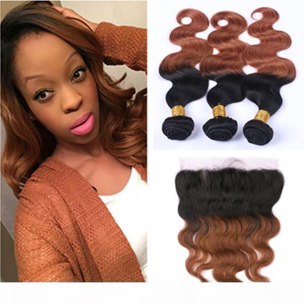 

medium auburn ombre malaysian human hair bundles with frontal body wave 1b 30 auburn ombre virgin hair weaves with 13x4 full lace frontal, Black;brown