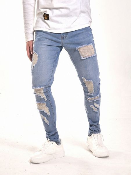 

men high waist ripped tapered jeans 001w#, Blue