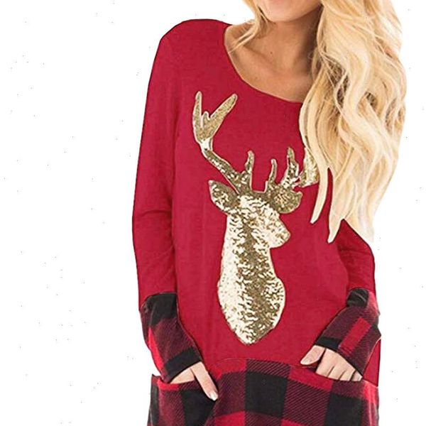 

christmas women blouse plus size plaid splice hem reindeer printing santa claus xmas long sleeve tunic women and blouses 38, White