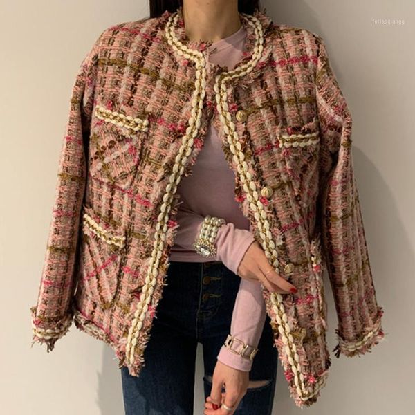 

women's jackets [ewq] korean chic autumn round neck metal single breasted loose versatile multi pocket long sleeve tweed coat women tid, Black;brown