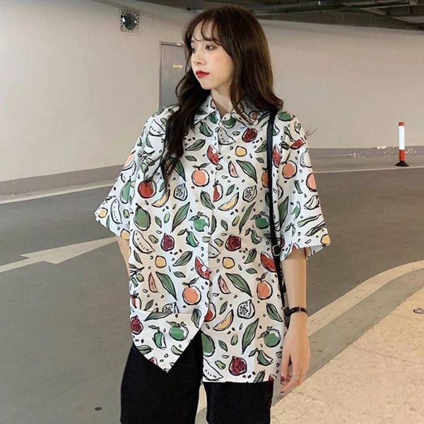 

loose casual printed shirts for women retro style short sleeve blouses fashion turn-down collar shirt top, White