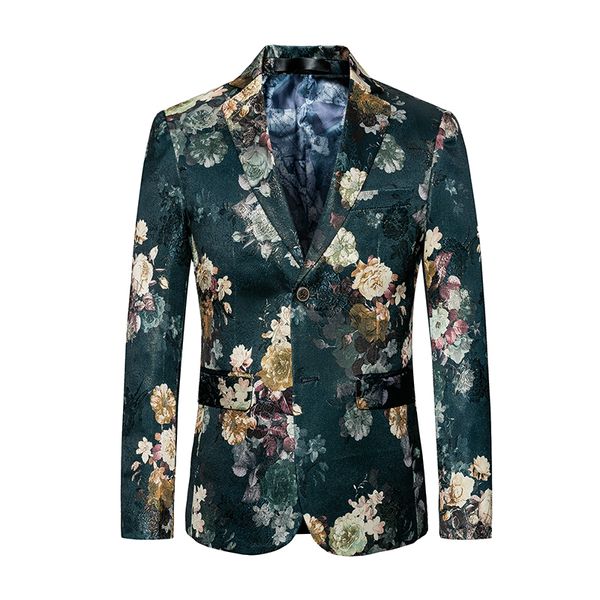 

2021 fashion mens printed slim fit prom dress blazer green floral stage wear blazers jacket men #821 015o, White;black