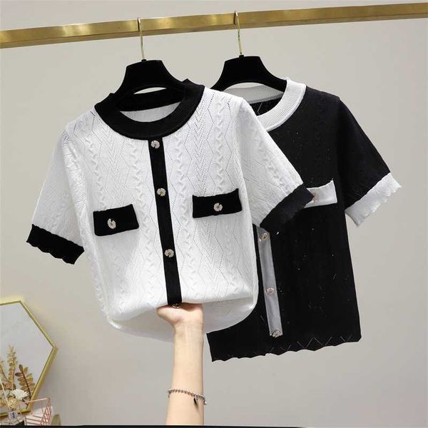 

women knitted summer patchwork sweater t shirt bowtie preppy style student tee shirt short sleeve tshirt female 210604, White;black