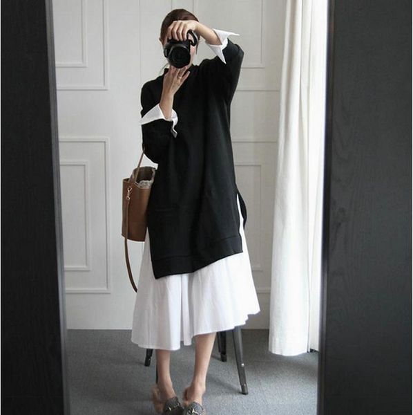

maternity dresses korean style fashion long-sleeved dress autumn pregnant women clothes preppy black white cotton wholesale