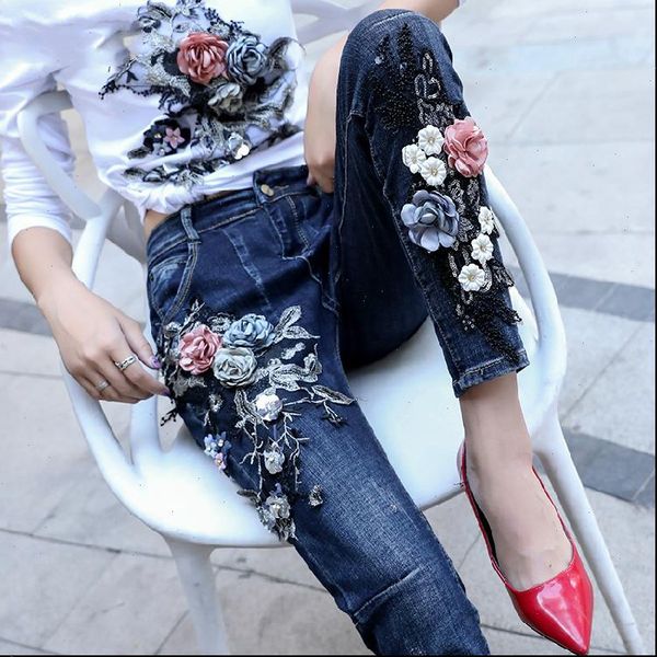 

women flower embroidery jeans stretch skinny jeans pencil pants trousers plus size femme girl ladies sequined jeans, Blue