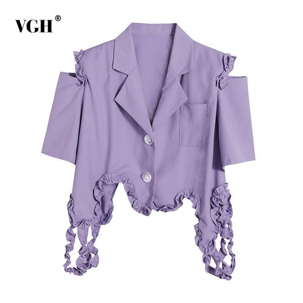

women's suits & blazers vgh vintage purple frill trim korean fashion slim female blazer notched short sleeve temperament women outfits, White;black