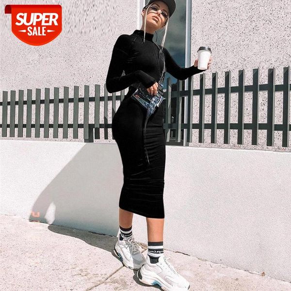 

women's 2019 autumn europe america stand collar female long sleeve zipper solid fashion mid calf dress clubwear high street #yw5l, Black;gray