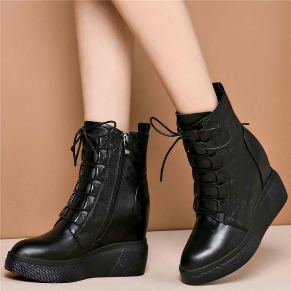 

boots fashion sneakers women lace up genuine leather wedges high heel ankle female pointed toe platform pumps shoes, Black
